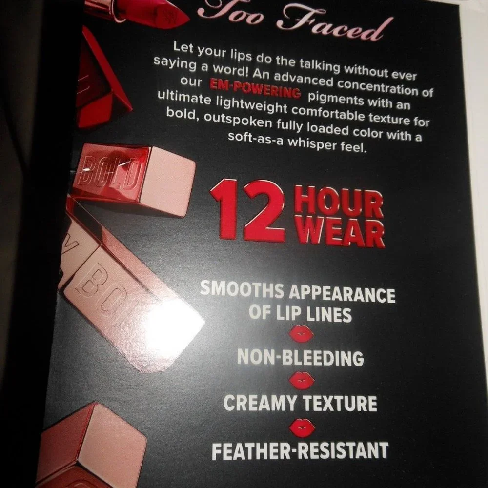 2 x Too Faced Lady Bold Lipstick 4 Samples Smooths Creamy Feather Resistence